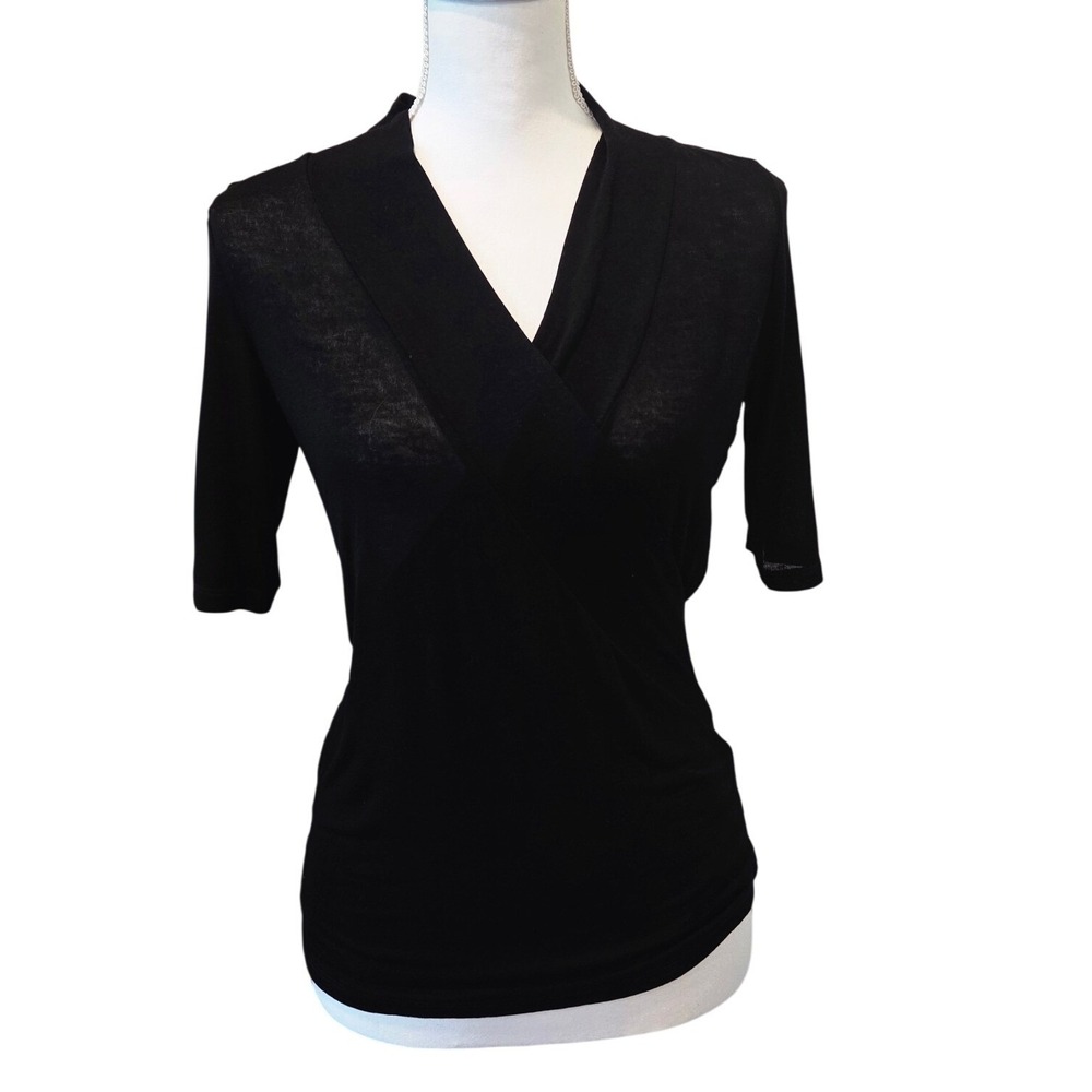 Marcella NYC Delaney Top Wrap Neck Elbow Sleeve Black Minimalist Chic NWT Med